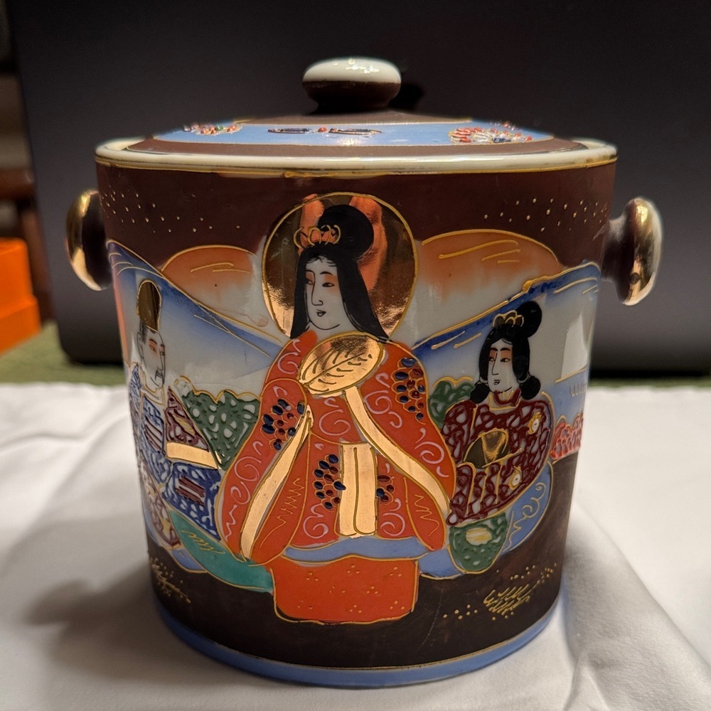 vintage Japanese Satsuma moriage porcelain covered biscuit jar.